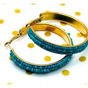 Gold-Tone Hoop Earrings With Turquoise Beaded Detailing For Women 2.25” Diameter